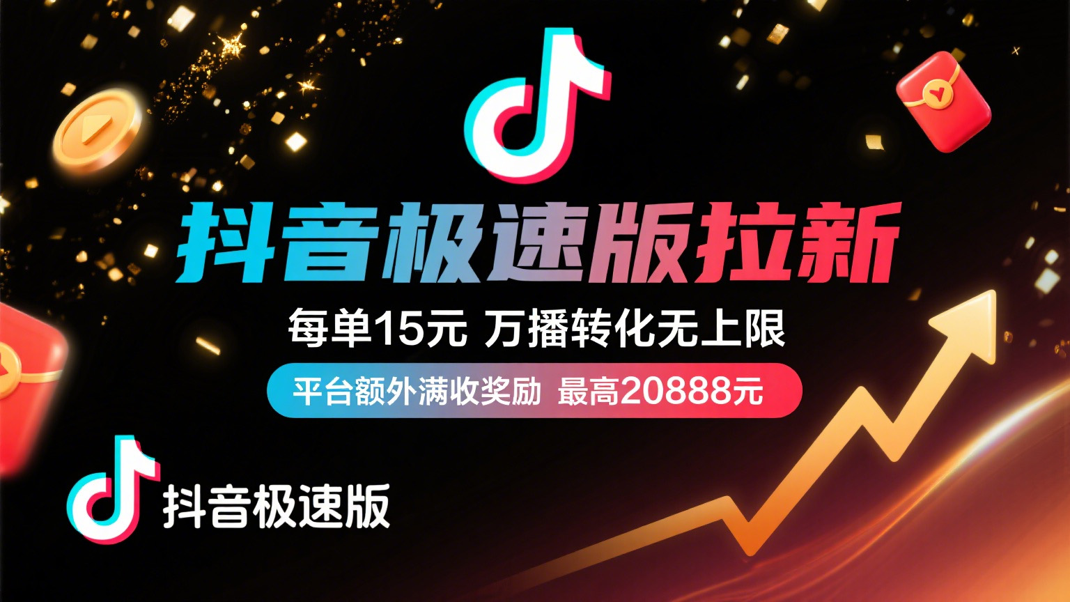 抖音极速版放福利，每单15元，万播转化无上限，平台额外满收奖励，最高可领20888元-晨鑫项目库