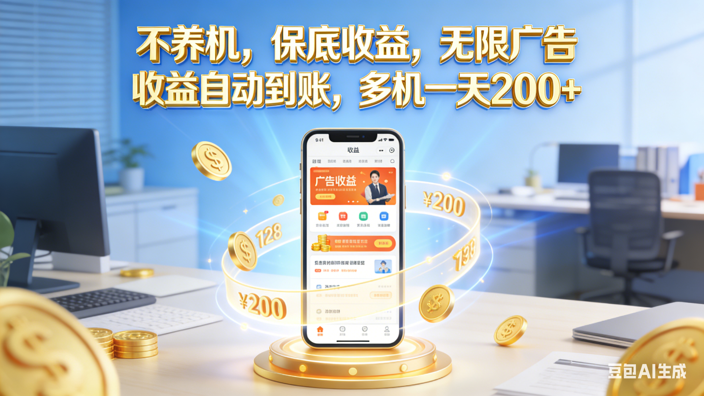 不养机，保底收益，无限广告，收益自动到账，多机一天200+-晨鑫项目库