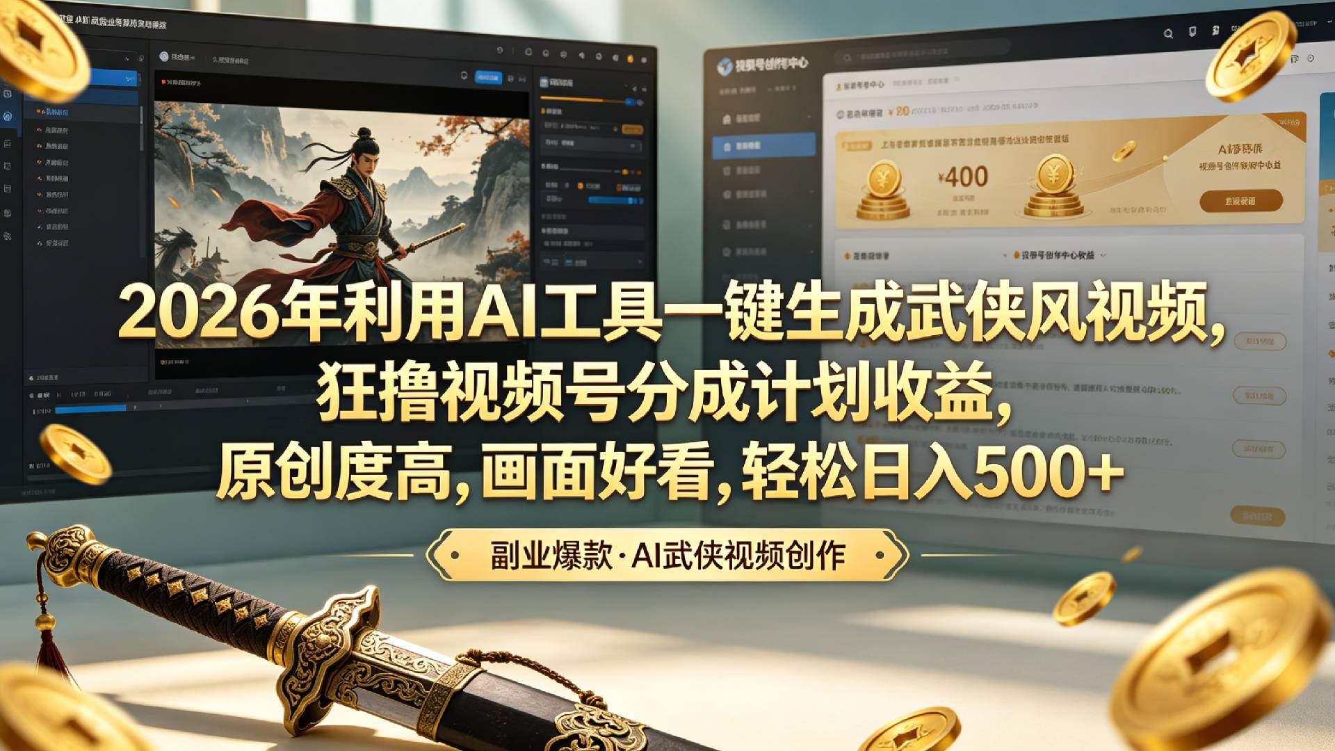 2026年利用AI工具一键生成武侠风视频,狂撸视频号分成计划收益,原创度高,画面好看,轻松日入500+-晨鑫项目库