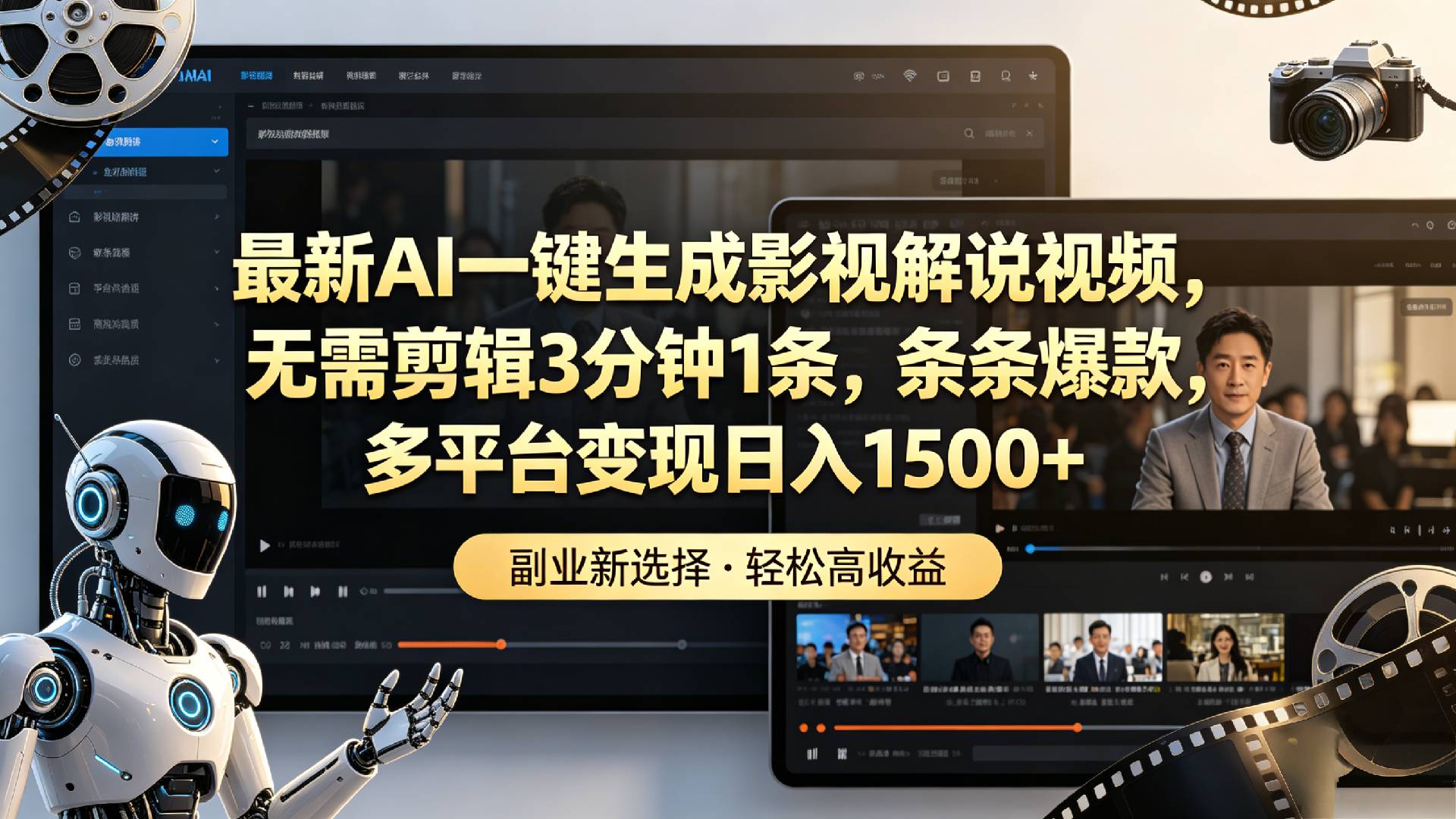 最新AI一键生成影视解说视频，无需剪辑3分钟1条，条条爆款，多平台变现日入1500+-晨鑫项目库