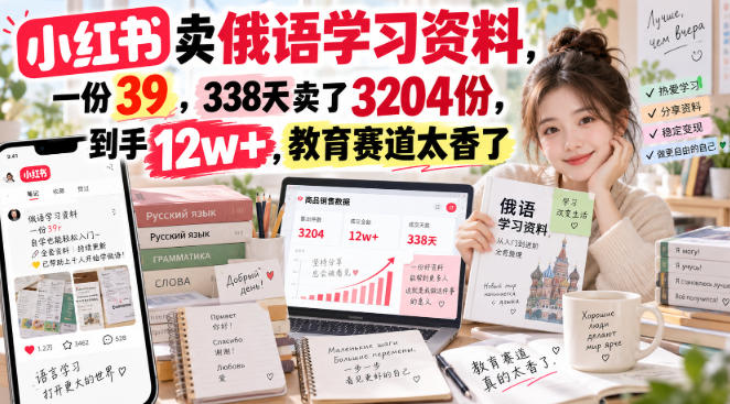 小红书卖俄语学习资料，一份39，338天卖了3204份，到手12w+，教育赛道太香了-晨鑫项目库