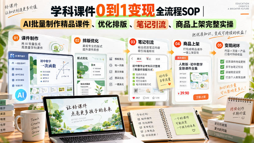 学科课件0到1变现全流程SOP｜AI批量制作精品课件、优化排版、笔记引流、商品上架完整实操​-晨鑫项目库